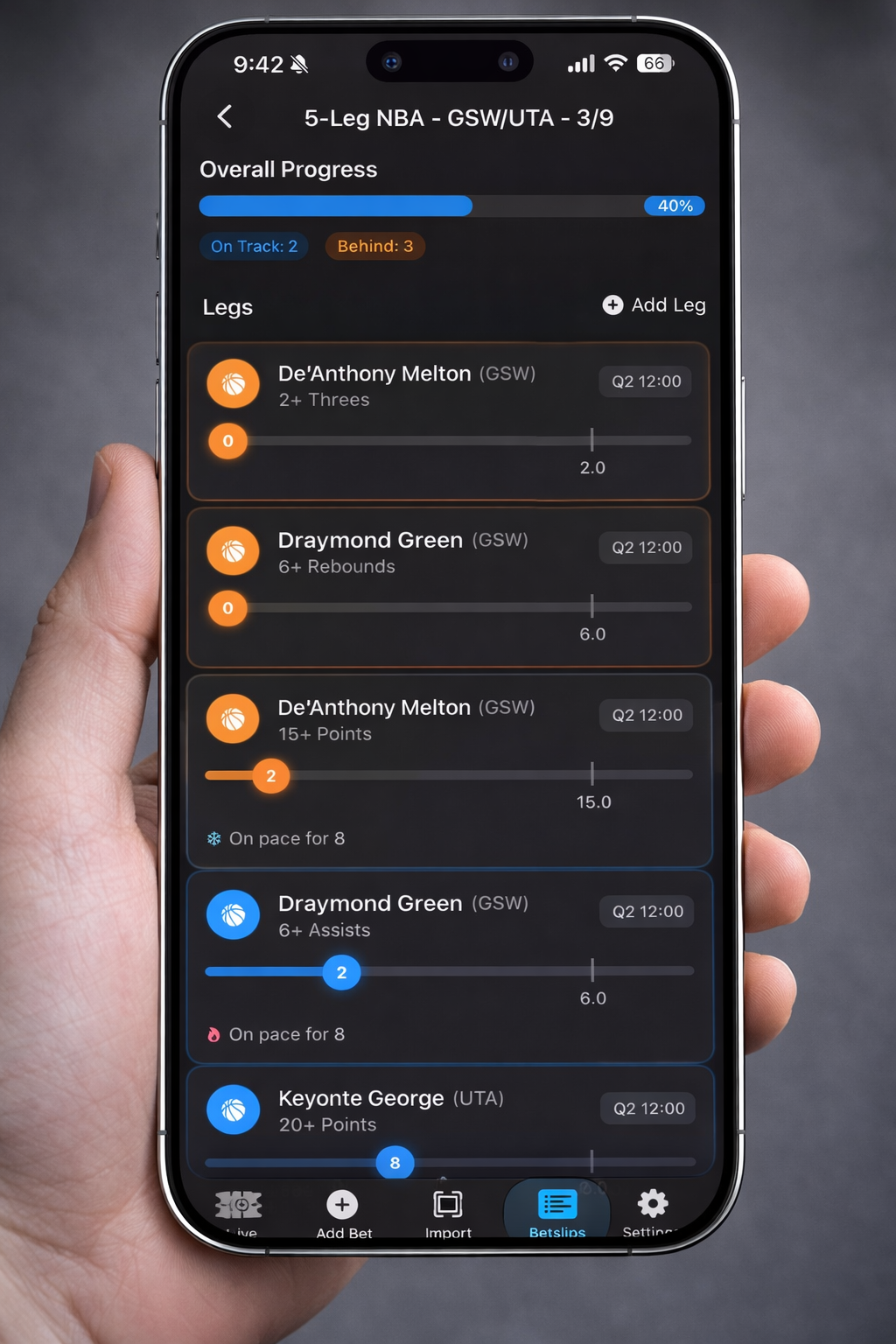 Live bet tracking screen